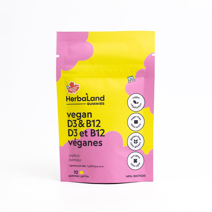 Herbaland vegan D3 & B12 gummies packaging with pink and yellow design on a white background