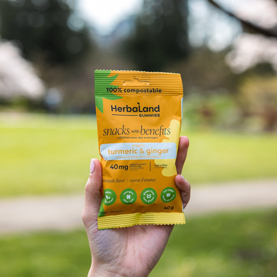 A picture of a pouch of herbaland turmeric and ginger gummies with pineapple flavor