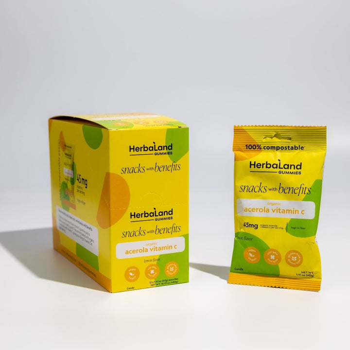 Case of herbaland gummies that includes 12 pouches of Acerola Vitamin C Snack with lemon flavour 
