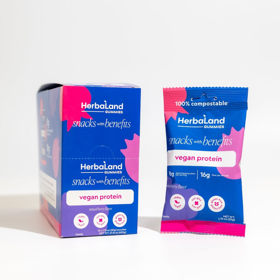 Herbaland Gummies - A case and a pouch of herbaland gummies, snacks with benefits vegan protein wih mixed berry flavor 