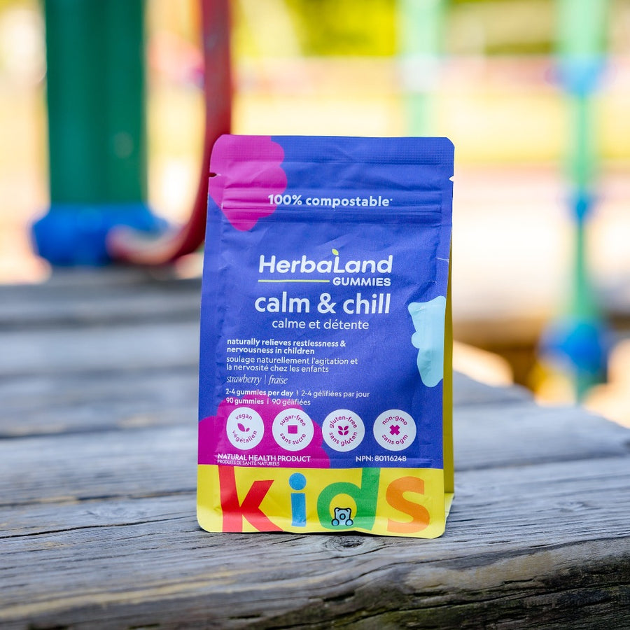 herbaland calm and chill gummies naturally relieves restlessness and nervousness in kids with strawberry flavor