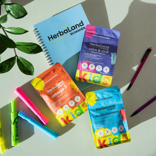 Herbaland kids friendly bundle with all essential kids' daily supplements you need for physical and mental health.