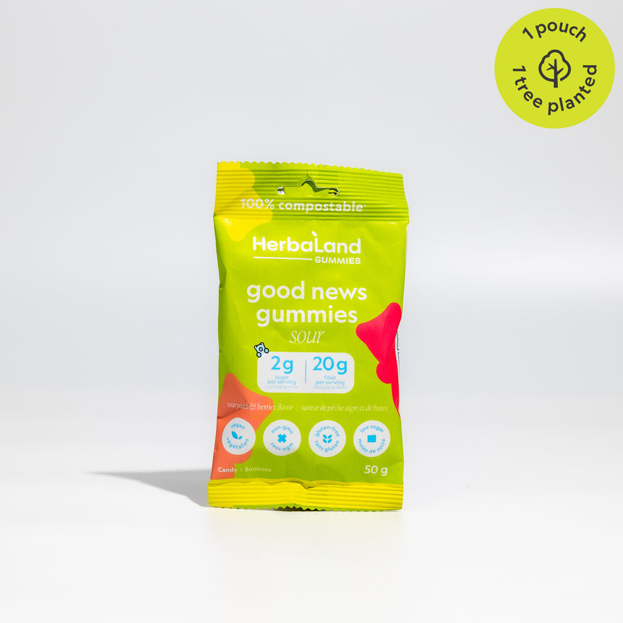 Pouch of herbaland sour good news gummies snacks with benefits 2g of sugar and 20g of fiber per pouch.