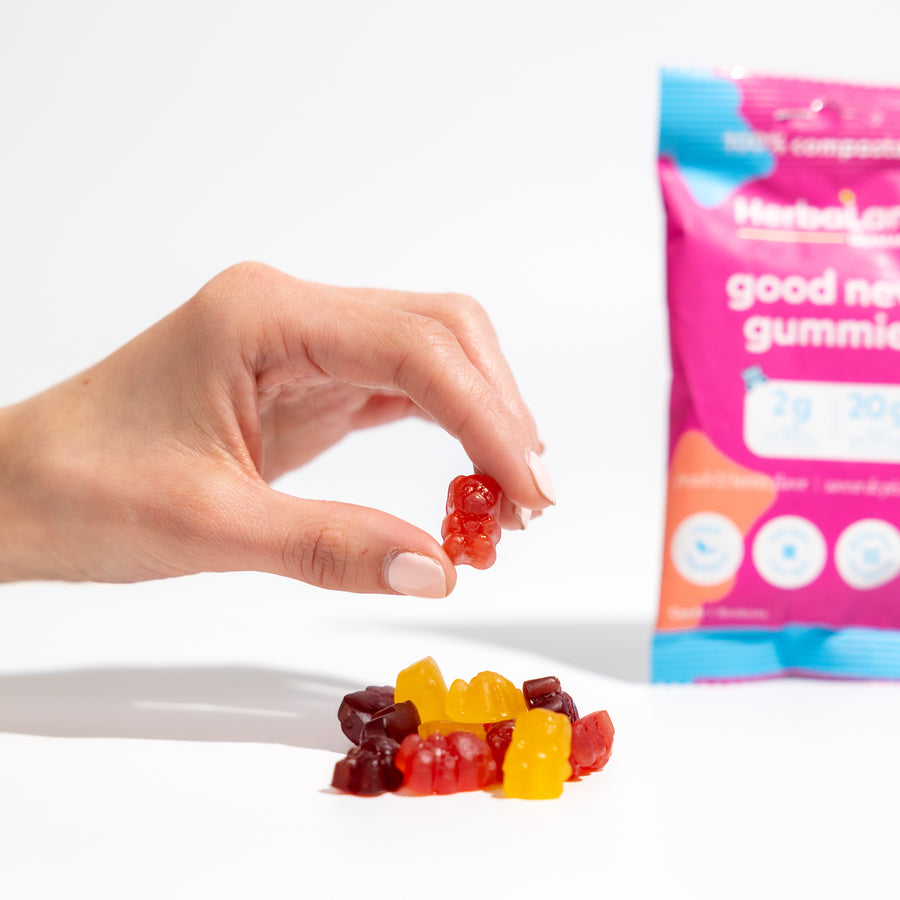 Herbaland peach and berries good news gummies snacks with benefits 2g of sugar and 20g of fiber per pouch.