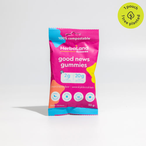 Pouch of herbaland peach and berries good news gummies snacks with benefits 2g of sugar and 20g of fiber per pouch.