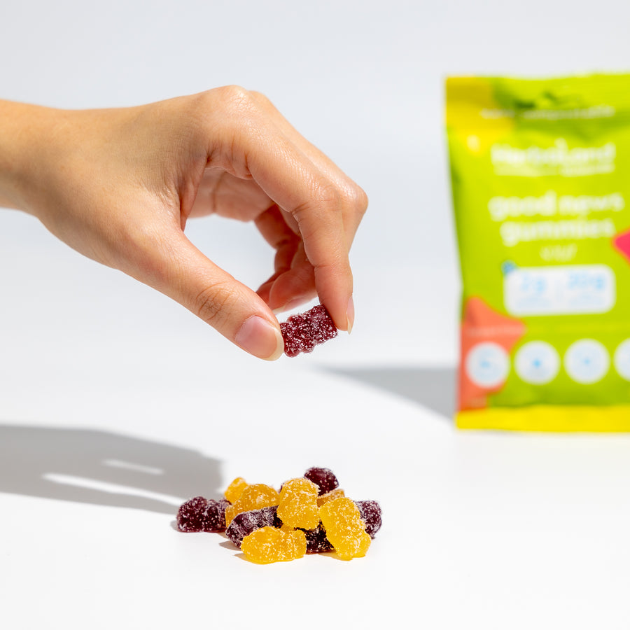 Herbaland sour good news gummies snacks with benefits 2g of sugar and 20g of fiber per pouch.