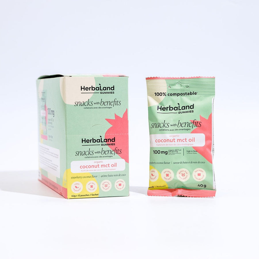 Herbaland pack of snack with benefits gummies with organic coconut mct oil with strawberry coconut flavor 