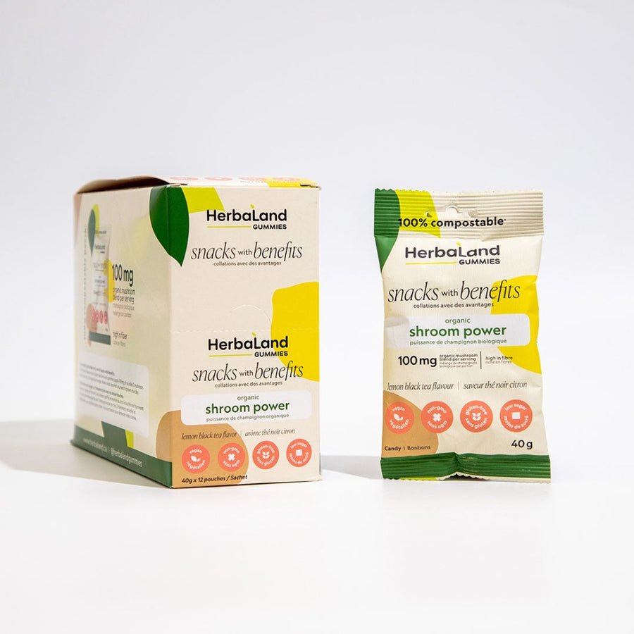 Herbaland Gummies - A pack and a pouch of herbaland snacks with benefits organic shroom power of lemon black tea flavour 