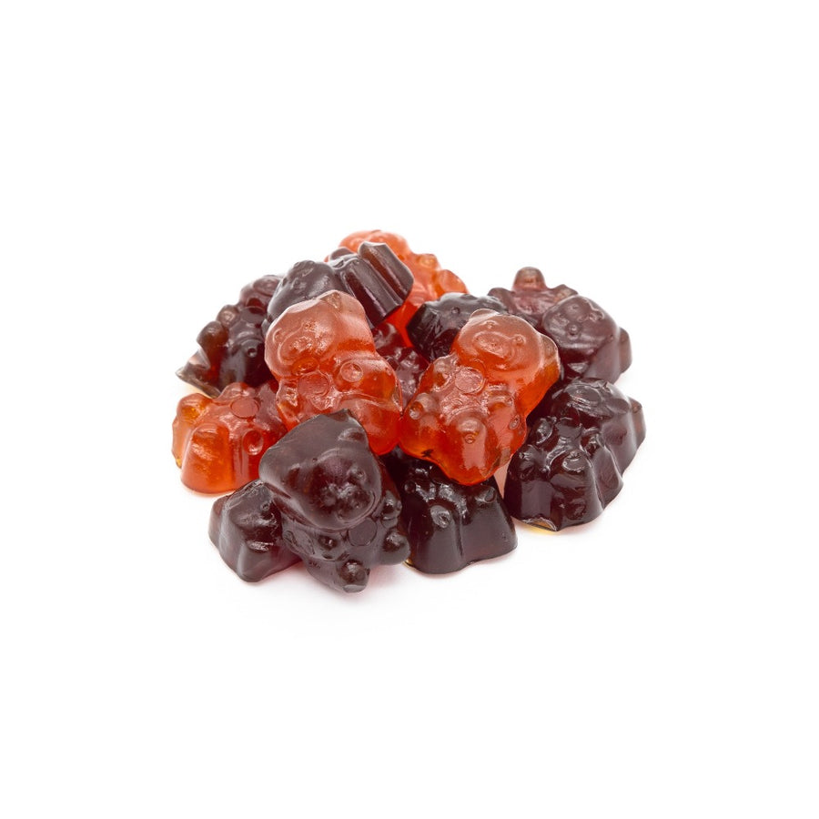 A close up picture of herbaland gummy bears for kids to help get daily vitamin dose with strawberry and raspberry flavor 