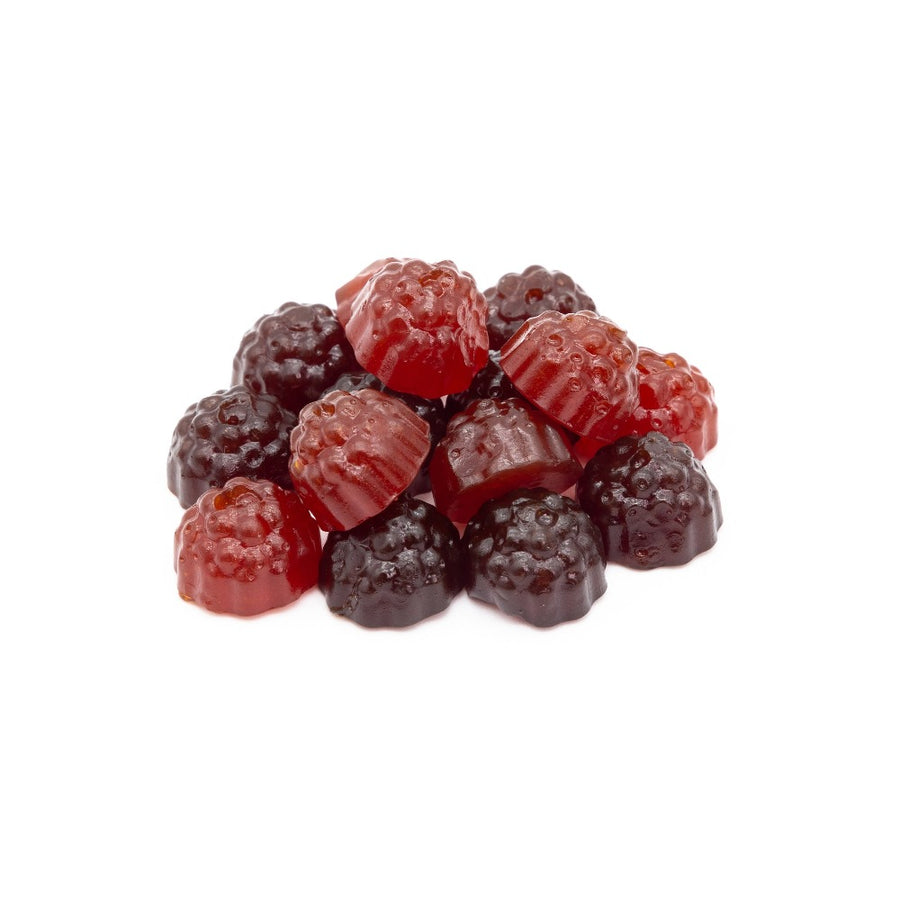 A close up picture of herbaland gummies, multivitamin for adults with mixed berries flavor